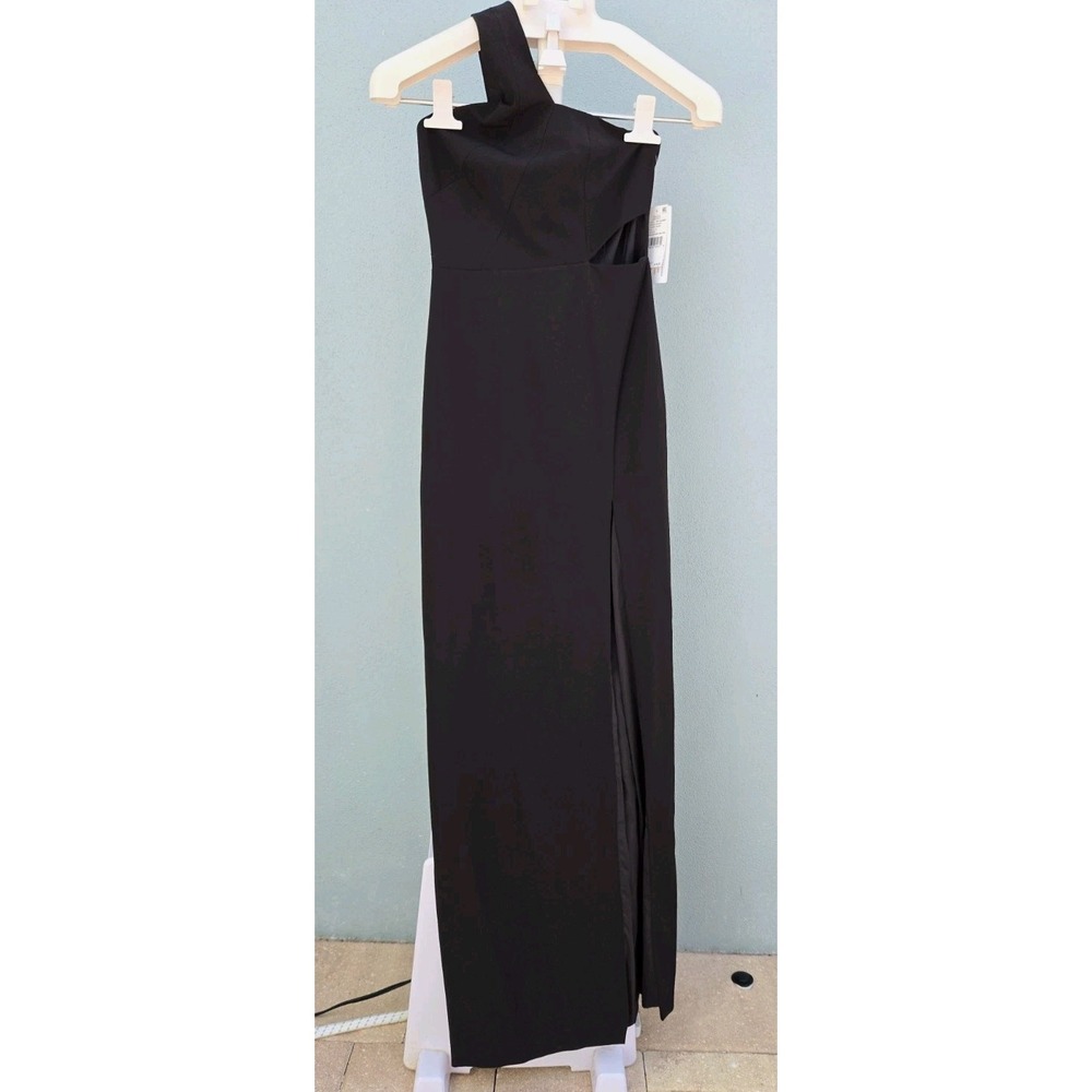 Aidan Maxi Dress Womens 0 Black One Shoulder Crepe Cutout Front Slit Formal